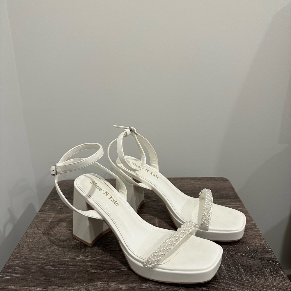 Pearl Women's White Block Heel Sandals